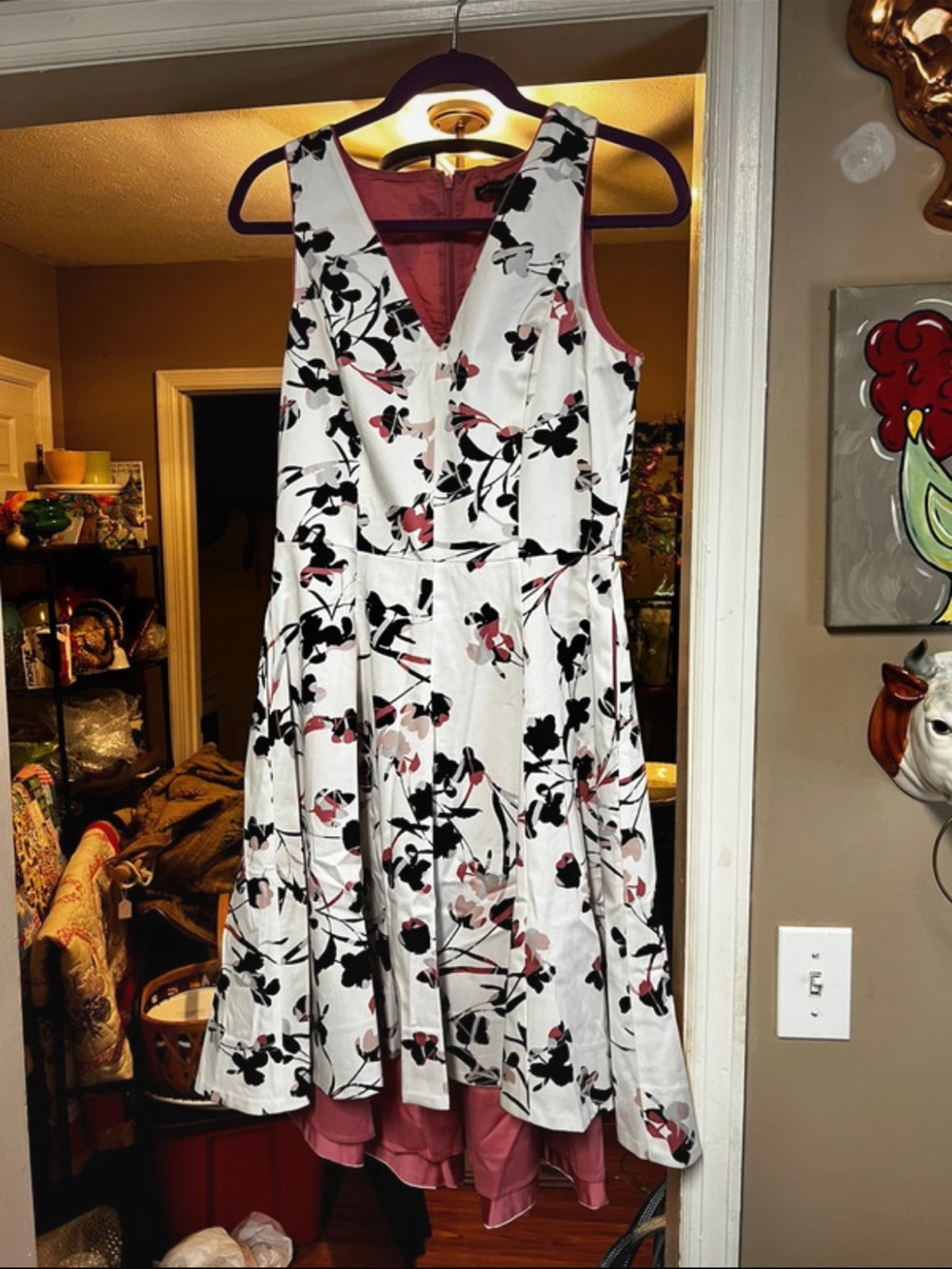 Sleeveless Floral Fit & Flare Dress - White with Black & Pink Floral - Picture 1 of 7